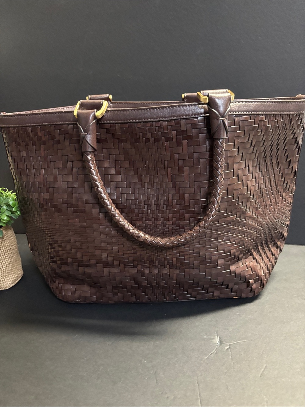 Cole Haan -Woven Leather Tote — Chocolate Brown with Gold Hardware